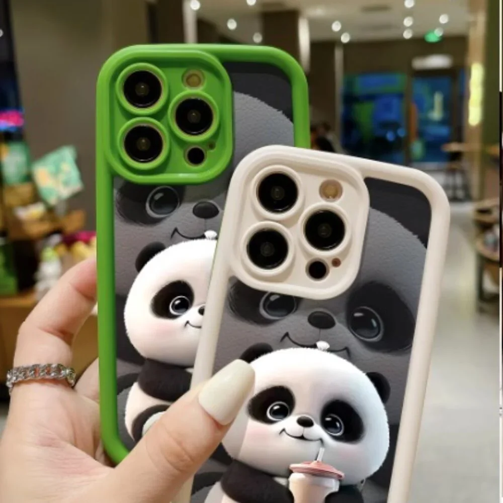 Panda Soft TPU Case for iPhone 16/Plus/Pro/ProMax Funda Black Brown Pink apple